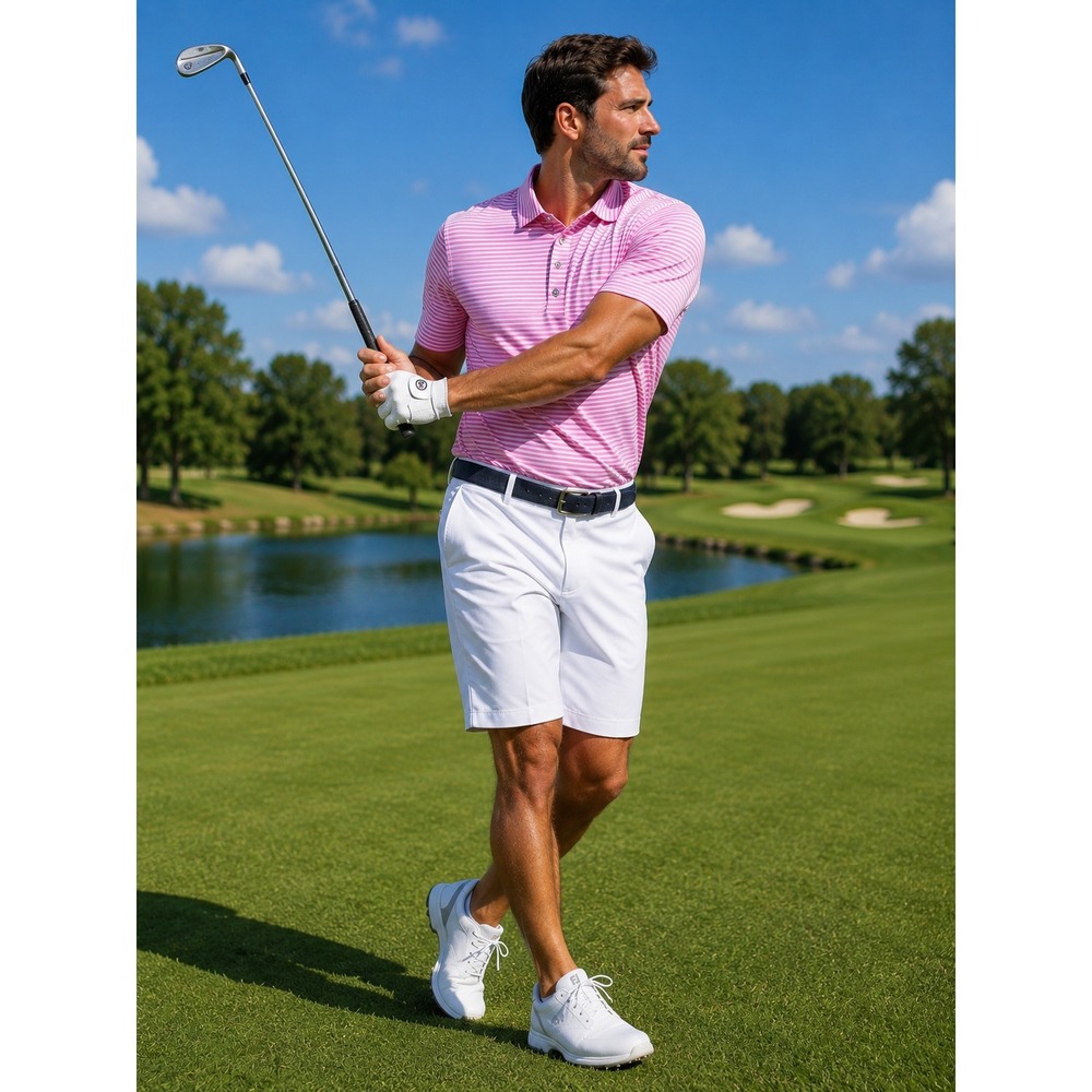 AndersonOrd Mens Pink White Stripe Performance Golf Polo Shirt 2XL